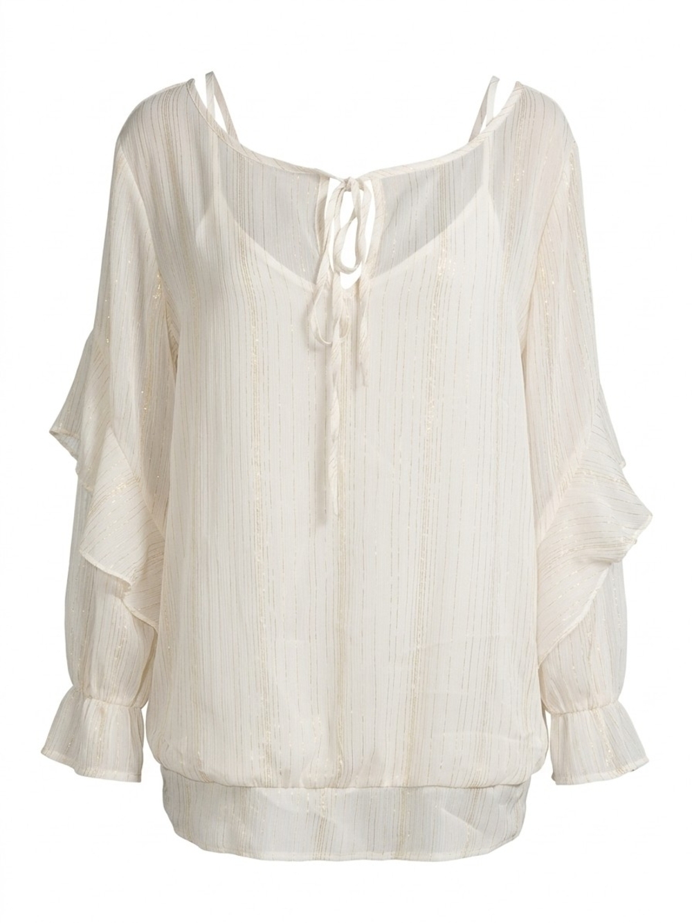 New York & Company Cream Metallic-Striped Tie-Neck Blouse